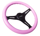 NRG Classic Wood Grain Steering Wheel (350mm) Solid Pink Painted Grip w/Black 3-Spoke Center